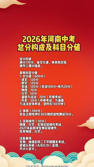 2026年河南中考总分构成及科目分值 #郑州教育#郑州中考#郑州小升初#郑州豫家长