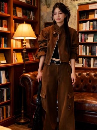 #风尚换景秀女春秋复古工装风两件套 春秋穿这套,高级感直接拉满!咖色自带复古滤镜,工装风外套宽松不压身,藏住拜拜肉超显瘦。搭配同系列阔腿裤,垂坠感在线,修饰腿型还显高。不用费心搭,一套出门就有松弛又利落的范儿,日常通勤、逛街都超吸睛。#高级感穿搭 #简约大气 #慵懒风穿搭 #气质优雅大方