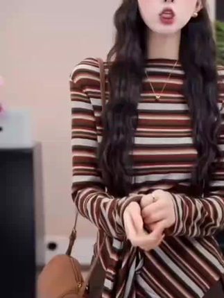 圆脸酥【初弦凉月】法式一字肩绑带条纹长袖 T 恤女装秋季