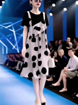 2025夏季新款大码宽松复古印花短袖假两件套装连衣裙雪纺吊带裙女