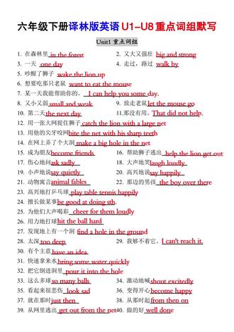 六年级下册译林版英语1-8单元单词词组默写