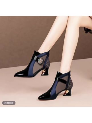 真软皮网靴#女镂空中跟网纱凉鞋#粗跟2025夏新款#百搭大码女鞋凉靴#视频同款 多色可选#软底软面穿上超舒服