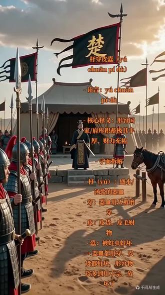 杅穿皮蠹(yú chuān pí dù)
- 读音:yú chuān pí dù
- 核心释义:形容国家/府库积蓄极其丰厚、财力充裕
- 字面拆解
- 杅(yú):盛水/汤浆的器皿
- 穿:器皿用久被磨穿
- 皮:皮货、皮毛财物
- 蠹:被蛀虫蛀坏
→ 器皿都用穿、皮货都蛀坏,形容物资多到用不完、放坏了