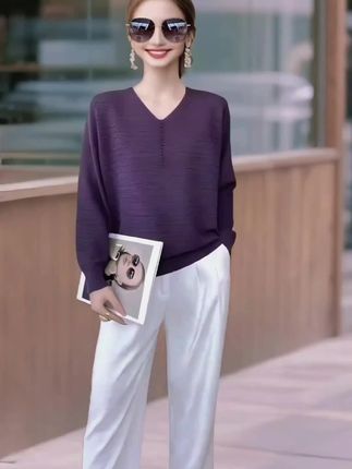 V领中年妈妈春秋长袖毛针织衫女高级感打底宽松显瘦大码洋气上衣#春秋新款#宽松显瘦#打底衫