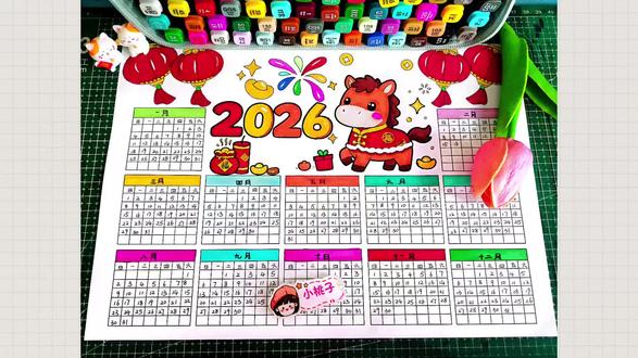 2026年日历1-12月挂历,马年日历手抄报模板,马年大吉2026新年马年日历,有线稿可打印