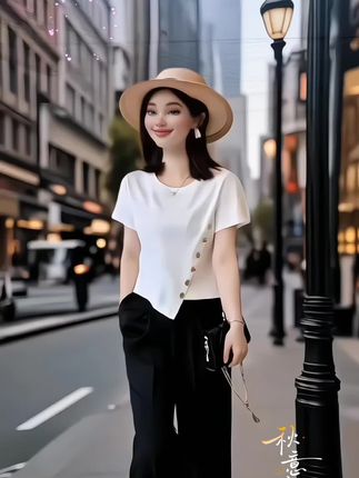 这是一款高含棉设计感纽扣短袖t恤,还是洋气时尚不规则短款上衣,时尚百搭洋气漂亮#谁穿谁漂亮 #优雅气质 #减龄显瘦穿搭 #时尚洋气T恤@DOU+小助手