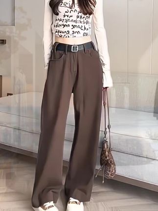 【拉夏贝尔美拉德咖色复古牛仔裤女春秋2025新款高腰垂感宽松阔腿裤#复古牛仔裤#牛仔裤#阔腿裤