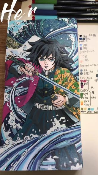 水之呼吸特效拉满!富冈义勇丙烯手绘全过程,解压到停不下来#手绘教程 #画画vlog #鬼灭手绘 #富冈义勇绘画 #丙烯画教程