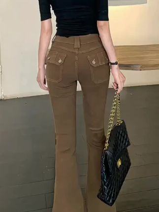 深咖色低腰微喇叭牛仔裤女2025秋季新款设计感弹力提臀辣妹长裤子#女士牛仔裤#牛仔裤#女士穿搭#抖音热点宝@DOU+小助手