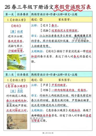 挖到宝了!这份26春三年级下册语文寒假背诵默写表也太实用了吧~
✅ 内容超全:古诗、文言文、课文段落、寓言成语全涵盖
✅ 设计贴心:每篇都带注释+译文+主题概括,孩子背得懂、记得牢
✅ 分关打卡:关卡设计,寒假每日背一点,开学直接领跑
家有三年级娃的赶紧码住,寒假语文积累不用愁啦~#三年级下册语文寒假预习 #三年级下册语文寒假背诵默写表 #三年级下册语文背诵闯关表 #三年级下册语文寒假预习必背 #三年级下册语文背诵