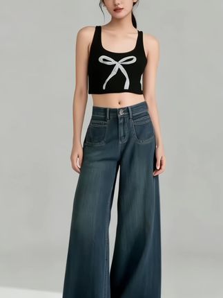 #拖地牛仔裤 #高腰牛仔裤 #阔腿裤 #牛仔裤搭配 #显瘦遮肉减龄