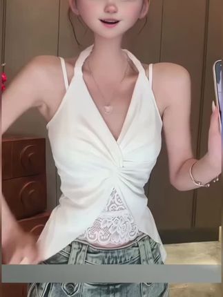 【法式蕾丝】设计感假两件挂脖吊带女美背v领无袖上衣 #约会穿搭 #小众设计感 #甜美穿搭 #我又心动了 #好物推荐🔥