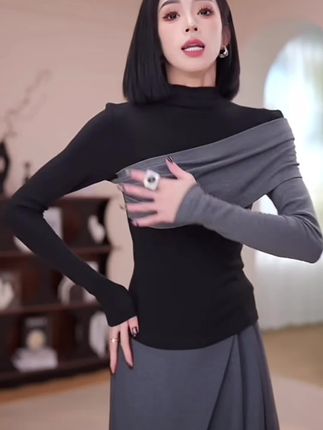 2025早秋新款拼接撞色百搭舒适长袖打底衫上衣垂感休闲阔腿裤套装#早秋新品