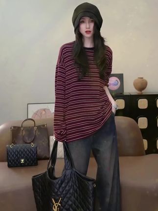 自留款黑色领红色条纹T恤打底 圆领时尚高级感百搭上衣#穿出高级感 #时髦穿搭 #减龄气质 #时尚潮流穿搭 #百搭上衣