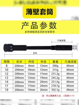 #维修工具 #汽修工具 #薄壁套筒 #套筒 #好物安利 特硬1/2加长套筒200mm薄壁套筒六角六角套筒电板手专用六角套筒