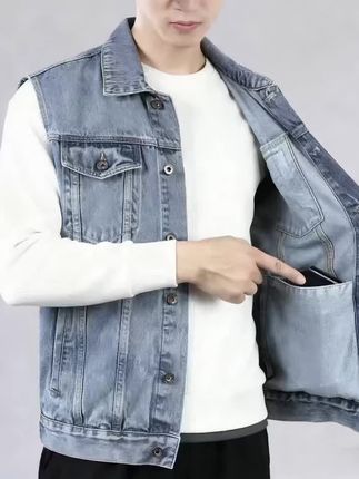#夹克男 #马甲 #马甲外套 #马甲穿搭 #马甲背心 六口袋牛仔马甲男大容量坎肩