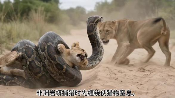 蟒蛇想捕食幼狮#动物世界 #蟒蛇#狮子