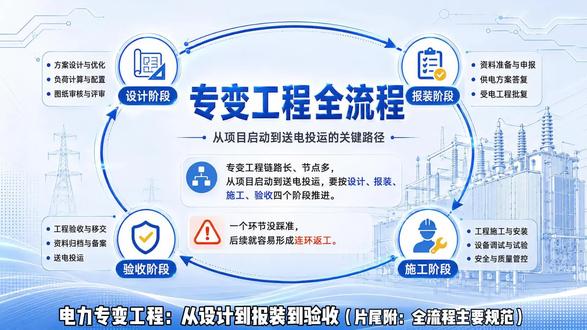 电力专变工程全流程详解:从设计到验收的完整指南 专变工程从设计到验收全流程怎么走?本视频系统讲解4大阶段:设计报装→施工安装→调试验收→送电投运。覆盖负荷计算、设备选型、规范依据、常见误区。#电力 #电力工程