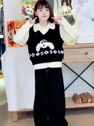 女童秋冬2025新款学院风假两件毛衣韩版polo领针织衫牛仔裤套装#时尚潮流穿搭 #谁穿谁好看