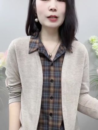 【KK】YLY8996秋季上新假两件纯色外搭经典格子内衬气质百搭衬衫