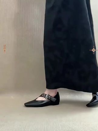 内增高!法式复古简约皮带扣一字带玛丽珍通勤黑色方头浅口单鞋女#浅口单鞋 #玛丽珍单鞋