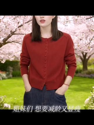 安哥拉红长袖针织衫女2025新款春秋简约毛衣外套减龄显瘦圆领上衣