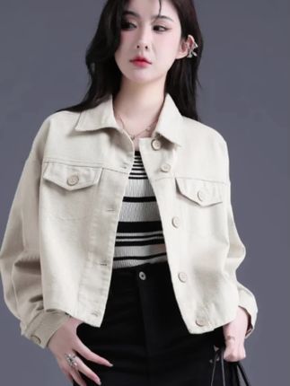 米白色牛仔外套女2025春秋新款女装爆款短款欧货上衣洋气百搭夹克#简易穿搭 #时尚百搭#洋气百搭