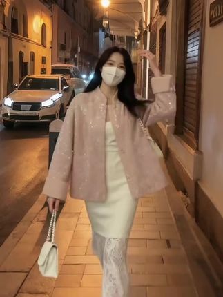 #秋天第一杯琥珀流光 新中式亮片外套盘扣国风小个子上衣+蕾丝鱼尾显瘦半身长裙两件套 #蕾丝套装裙#秋季新品