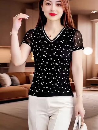 夏季V领波点印花气质t恤洋气小衫修身显瘦短袖女士上衣网纱打底衫