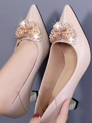 网红高跟单鞋女粗跟2025百搭春秋水钻软皮软底中跟时尚小皮鞋女鞋