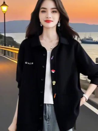 黑色翻领刺绣卫衣衬衫女士2025秋季新款宽松显瘦休闲百搭外套上衣