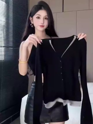 假两件拼接长袖针织衫女t恤春秋新款小个子修身显瘦正肩打底上衣#减龄显瘦穿搭 #时尚气质穿搭 #高级感穿搭 #减龄穿搭 #时尚穿搭