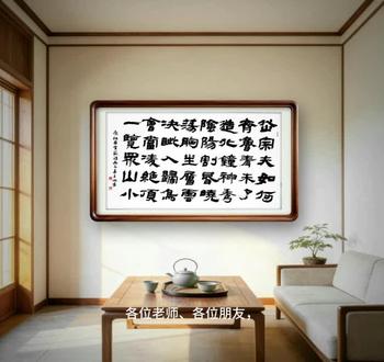 六尺整纸大字隶书创作唐代诗人杜甫望岳诗 各位老师、各位同道,现在展现在我们面前的,是书法家王旭先生书写的一幅六尺整纸大字隶书作品,内容为唐代诗圣杜甫的千古名篇《望岳》。
整幅作品以横式铺陈,取法汉隶高古气象,骨力源自《张迁碑》的方劲朴拙,又融《石门颂》的开张奇逸,笔笔中锋发力,力透纸背。你看这横画,舒展如泰山横亘齐鲁大地,燕尾顿挫,稳而不僵;竖画挺拔似峰壁千仞,线条圆厚,劲而不野。尤其是“岱宗”“会当”“一览”等字,结体宽博,墨色沉厚,既恪守隶书法度,又带着书写者的个人性情,把泰山的巍峨雄奇,和诗人“会当凌绝顶,一览众山小”的少年意气,一笔笔写进了字里行间。
六尺整纸的尺幅,给了大字隶书最舒展的舞台,字距行距疏密有致,左侧题款、右侧留白,章法平衡大气。王旭先生以沉雄厚重的隶书笔意,与《望岳》的磅礴意境跨越千年呼应,让诗的雄浑与书的风骨在此交融,隔着笔墨,我们也能感受到那份吞吐天地的磅礴气势。