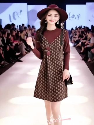 小香风气质拼接连衣裙女秋季2025新款高端洋气遮肚显瘦减龄A字裙@#气质穿搭