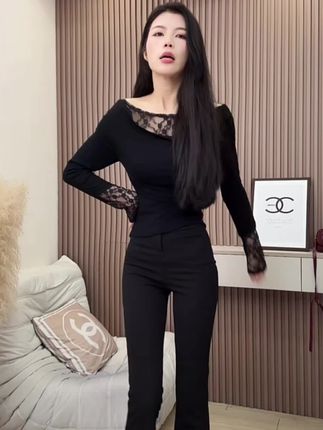 不规则荡领长袖t恤女早秋纯欲甜辣妹一字肩短款小上衣蕾丝打底衫4#自由随性 #变美变瘦变漂亮 #魔鬼身材 #性感女神 #完美搭配
