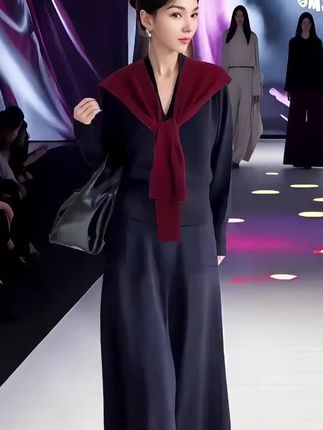 #安可拉红高端百搭交叉外搭纯色针织披肩#