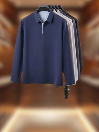 #【内里磨毛】【高档无痕】秋季男士翻领polo衫男休:/ 闲长袖时尚内搭上衣#