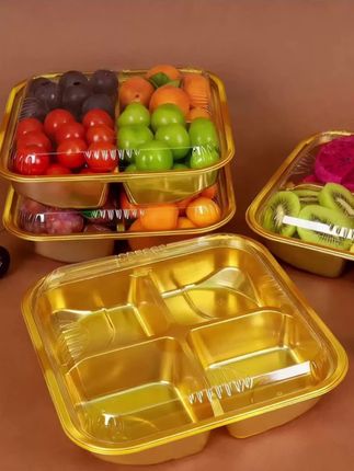一次性塑料方形金色四宫格果切分装盒水果拼盘果切水果打包盒#保鲜盒 #果切盒 #果切 #水果拼盘 #水果打包盒