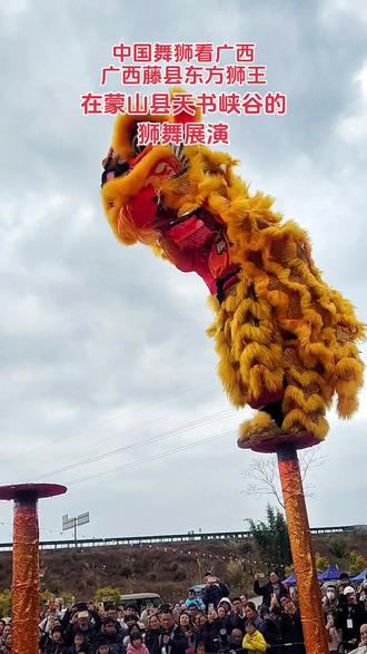 广西梧州市蒙山县天书峡谷, 广西藤县巜东方狮王》,醒狮表演,高桩舞狮精彩绝伦无与伦比 。#广西藤县狮王#东方狮王 #新春氛围 #非遗展示 #民族特色民族文化表演