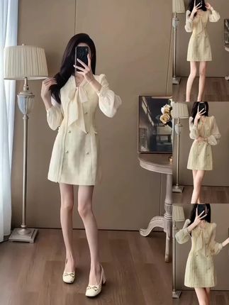 法式富家千金风裙子女高端小众设计气质炸街小香风假两件连衣裙#穿出好身材