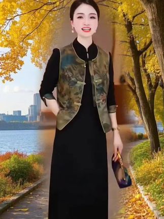 【衣雅严选】8105-1532新款重磅桑丝缎马甲+纳米精纺连衣裙两件套