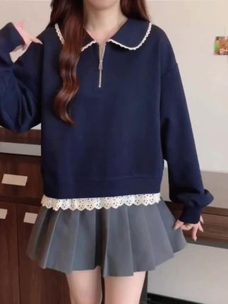 #漂亮衣服 #穿搭不重样 #每日更新 大码娃娃领半拉链蕾丝拼接卫衣女春秋微胖MM宽松显瘦百搭洋气上衣