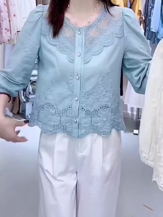 100%棉新款早秋七分袖衬衫女新款淑女小衫宽松甜美百搭上衣女