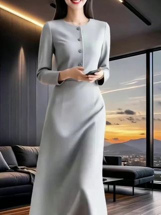 秋季新款女装时尚复古高端长袖轻熟风收腰连衣裙通勤优雅女士洋气