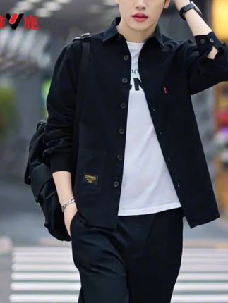 春秋棉免烫宽松版衬衫男士长袖休闲纯色工装外套日系男装#每日分享 #男生穿搭 #时尚穿搭 #帅气穿搭