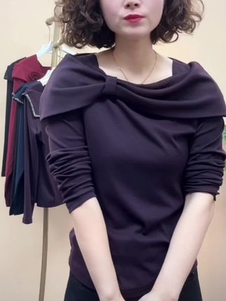 6803秋季新款仙气长袖一字领斜领T恤女神百搭气质显瘦网红上衣#时尚潮流#显瘦洋气上衣