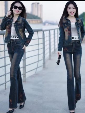 #2025春秋新品刺绣女牛仔弹力时尚套装修身外套配微喇叭裤减龄大气#穿出自信优雅 #好看洋气 #优雅高贵气质