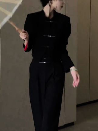 2025新中式复古气质小西装国风外套上衣直筒收腰显瘦拖地裤两件套