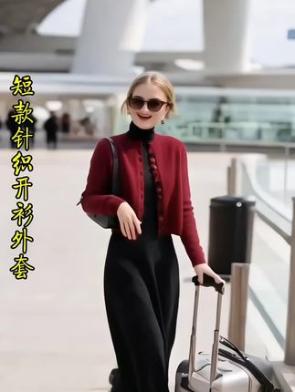 瞧这款春秋装新款高级感上衣洋气:/ 减龄别致红色单排扣针织短款开衫外套女#高级感穿搭 #圆领针织开衫 #优雅气质