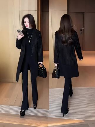 时尚条纹中长款西装风衣女春秋新款洋气减龄显瘦外套#优雅气质 #时尚洋气#简约大气#时尚百搭